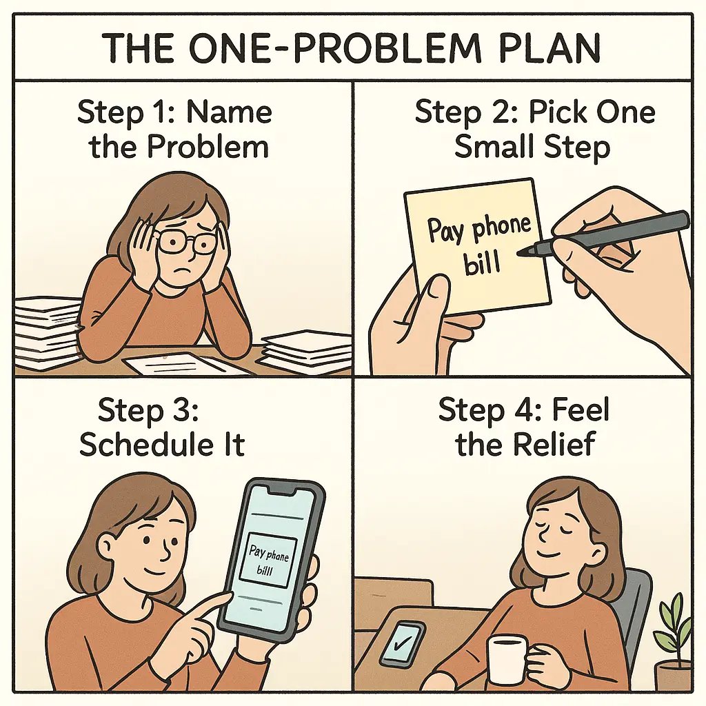 Four-panel comic showing a woman transforming from overwhelmed to accomplished using the One-Problem Plan method