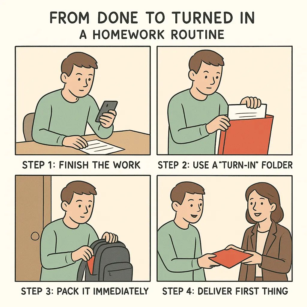 Four-panel comic strip showing a university student completing a homework routine: finishing work, placing it in a red folder, packing the folder, and handing it to a teacher