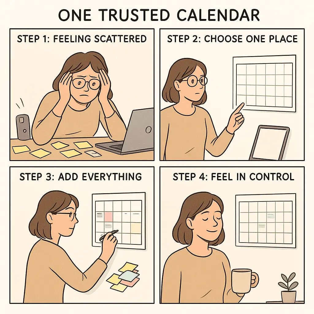 Young woman organising appointments on a wall calendar, transitioning from scattered sticky notes to calm, structured planning