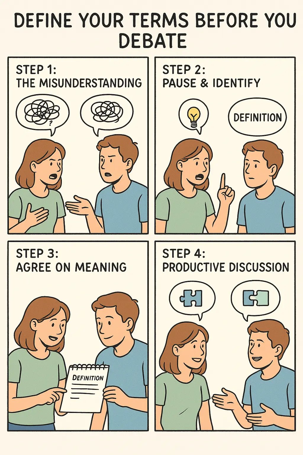 Four-panel comic showing students moving from confused debate to clear discussion by defining terms together