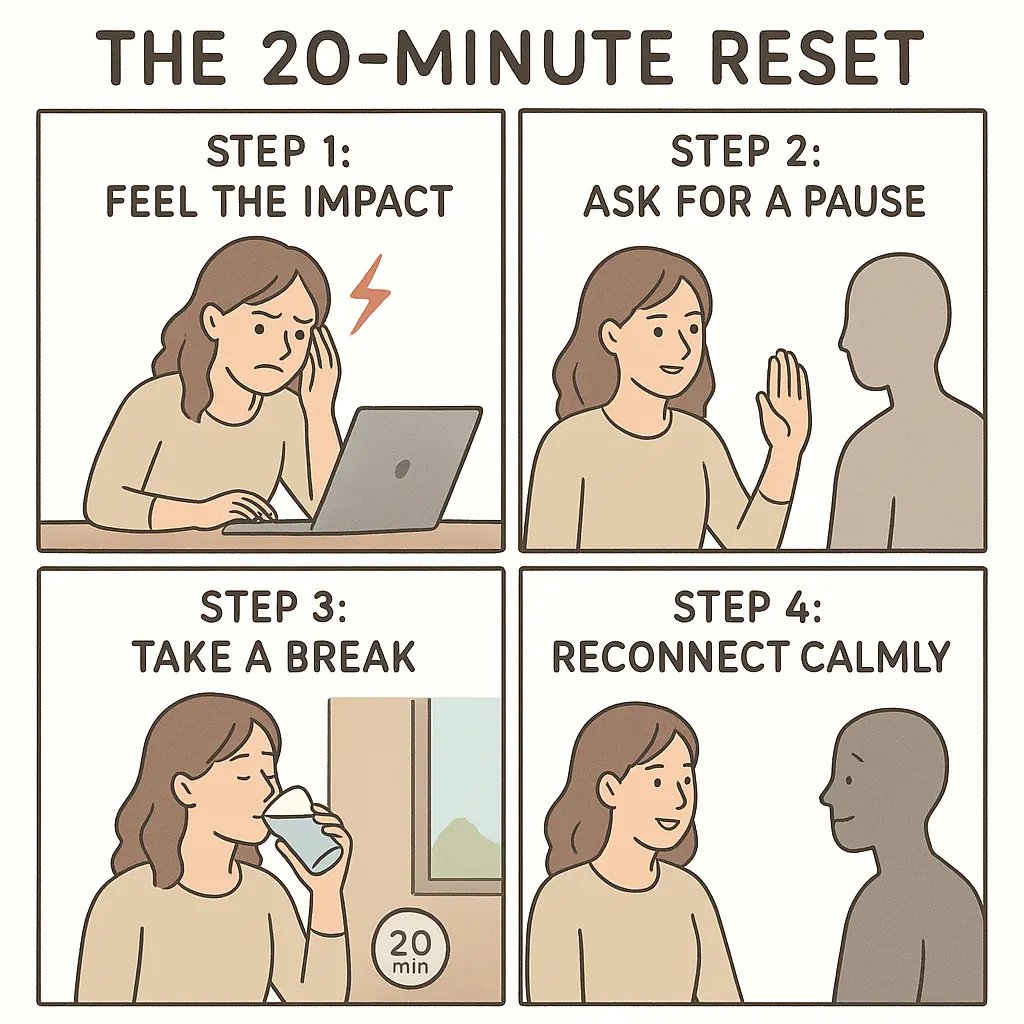 A woman managing emotional overwhelm using the 20-minute reset technique, showing four steps from feeling impact to reconnecting calmly