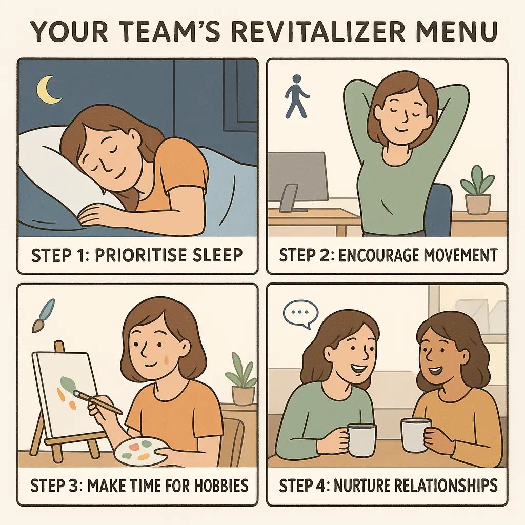 Four-panel comic showing a woman prioritising sleep, taking movement breaks, enjoying hobbies, and connecting with friends to maintain energy.