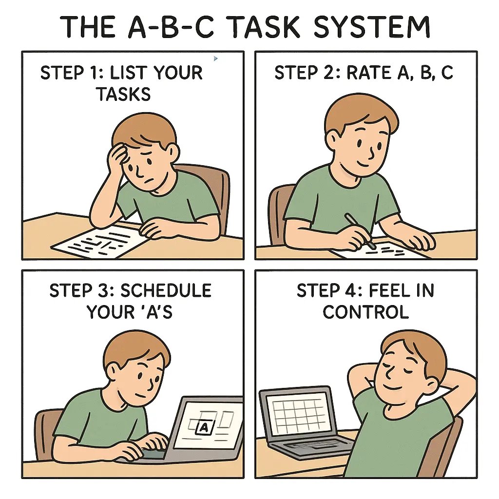 Four-panel comic showing a person transforming from overwhelmed by tasks to calm and organised using the A-B-C prioritisation system