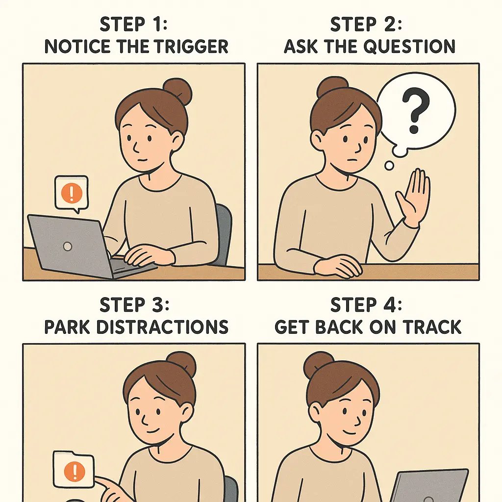 A four-panel comic strip showing a woman using the two-second focus test to notice a phone notification, pause to question it, park it for later, and return to focused work.