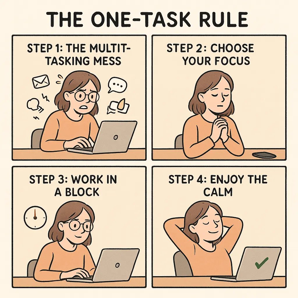 Comic strip showing a woman transforming from stressed multitasker to calm, focused single-tasker in four steps