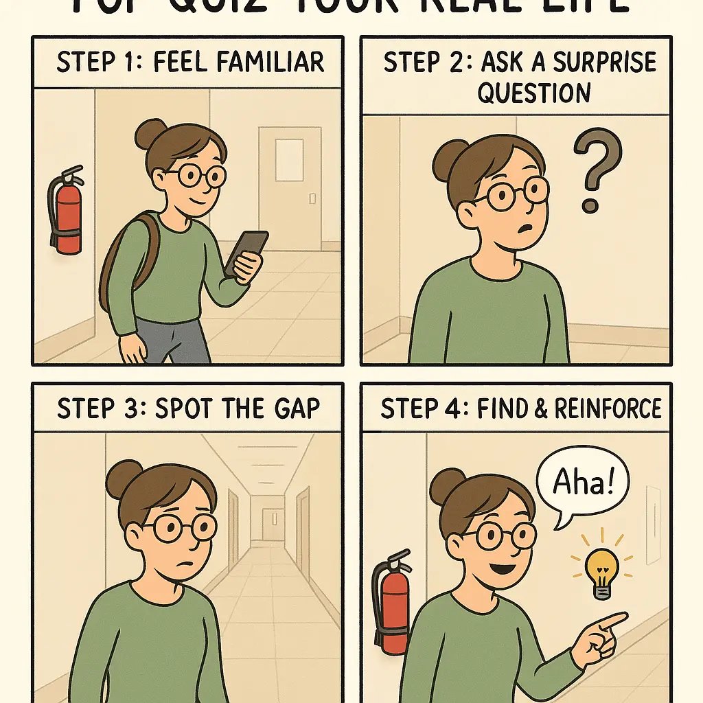 A young woman with glasses discovering a fire extinguisher in a hallway after questioning her real-world knowledge.