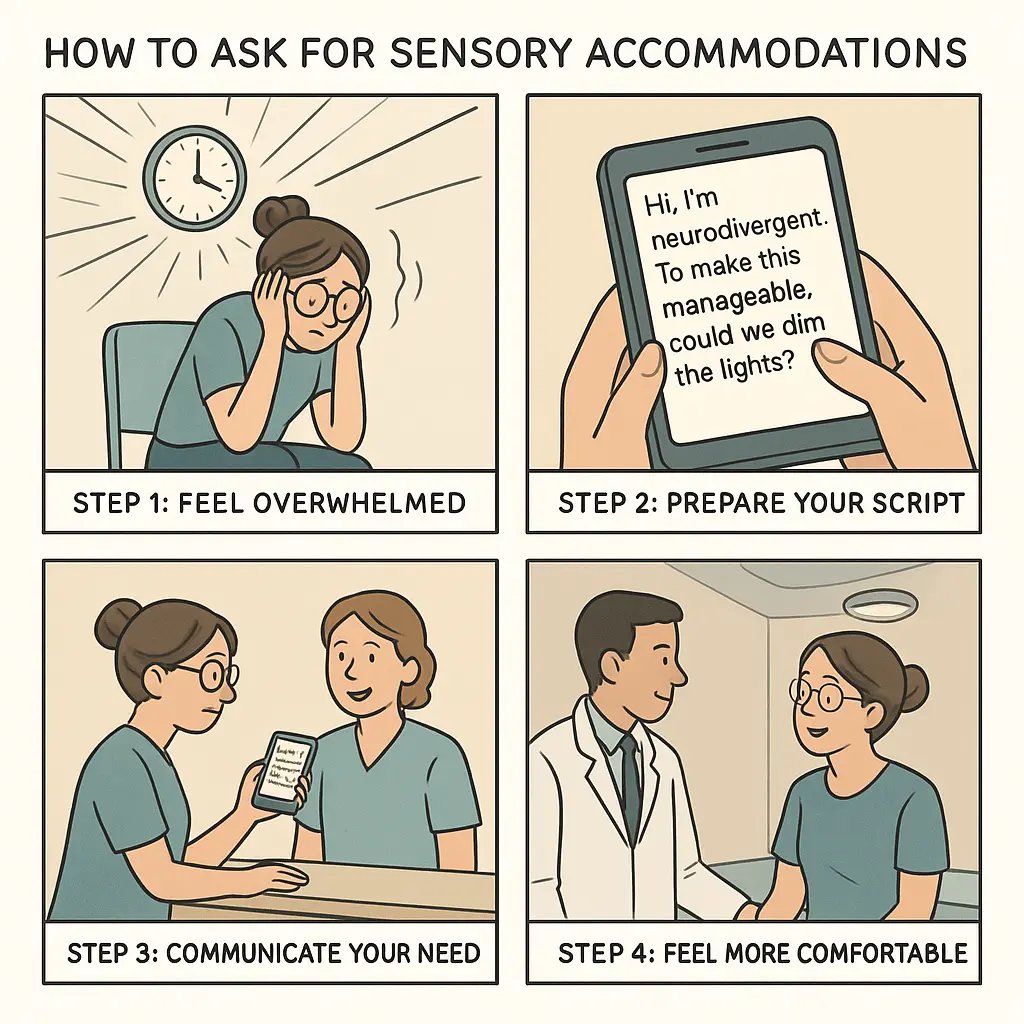 A young woman with glasses showing her phone to a nurse at a medical reception desk, requesting sensory accommodations