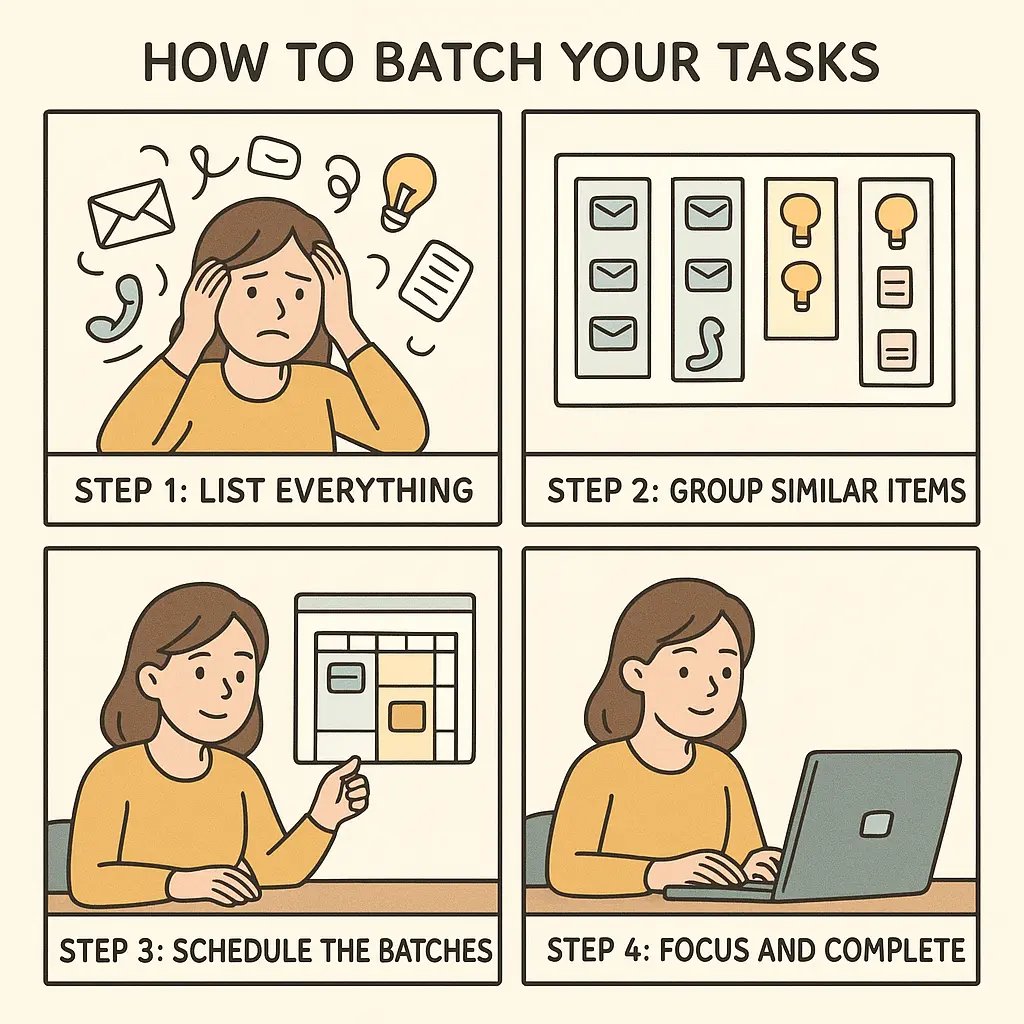 Four-panel comic showing a woman learning to batch tasks, from overwhelmed chaos to calm, focused productivity