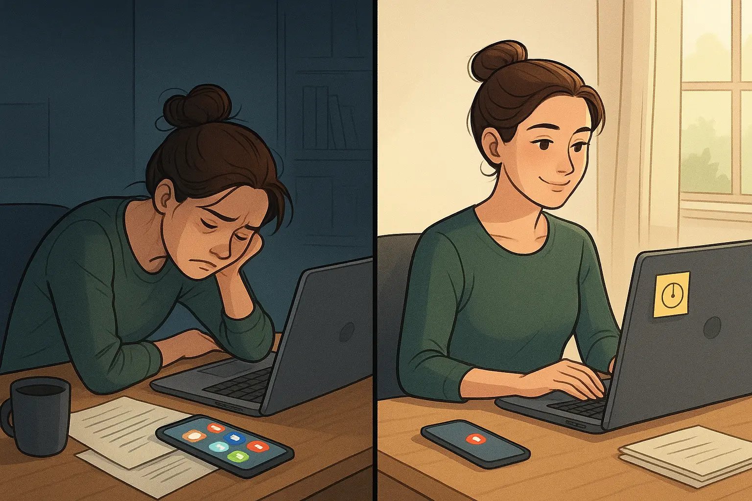 Woman at desk transforming from distracted by phone notifications to calmly focused, ignoring her phone with a pre-planned note visible