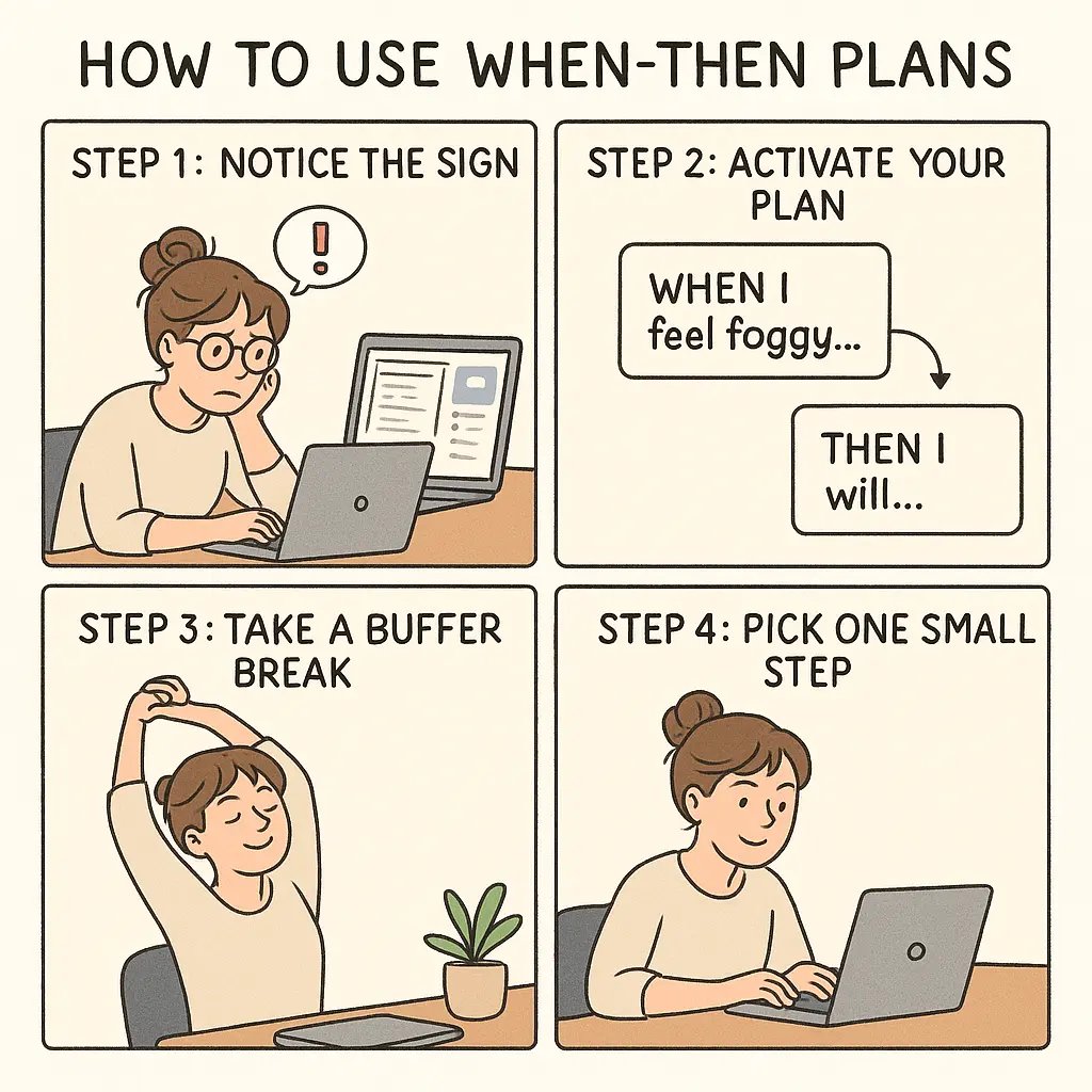 Four-panel comic showing a woman using When-Then plans to overcome procrastination by noticing signs, taking a break, and completing one small task