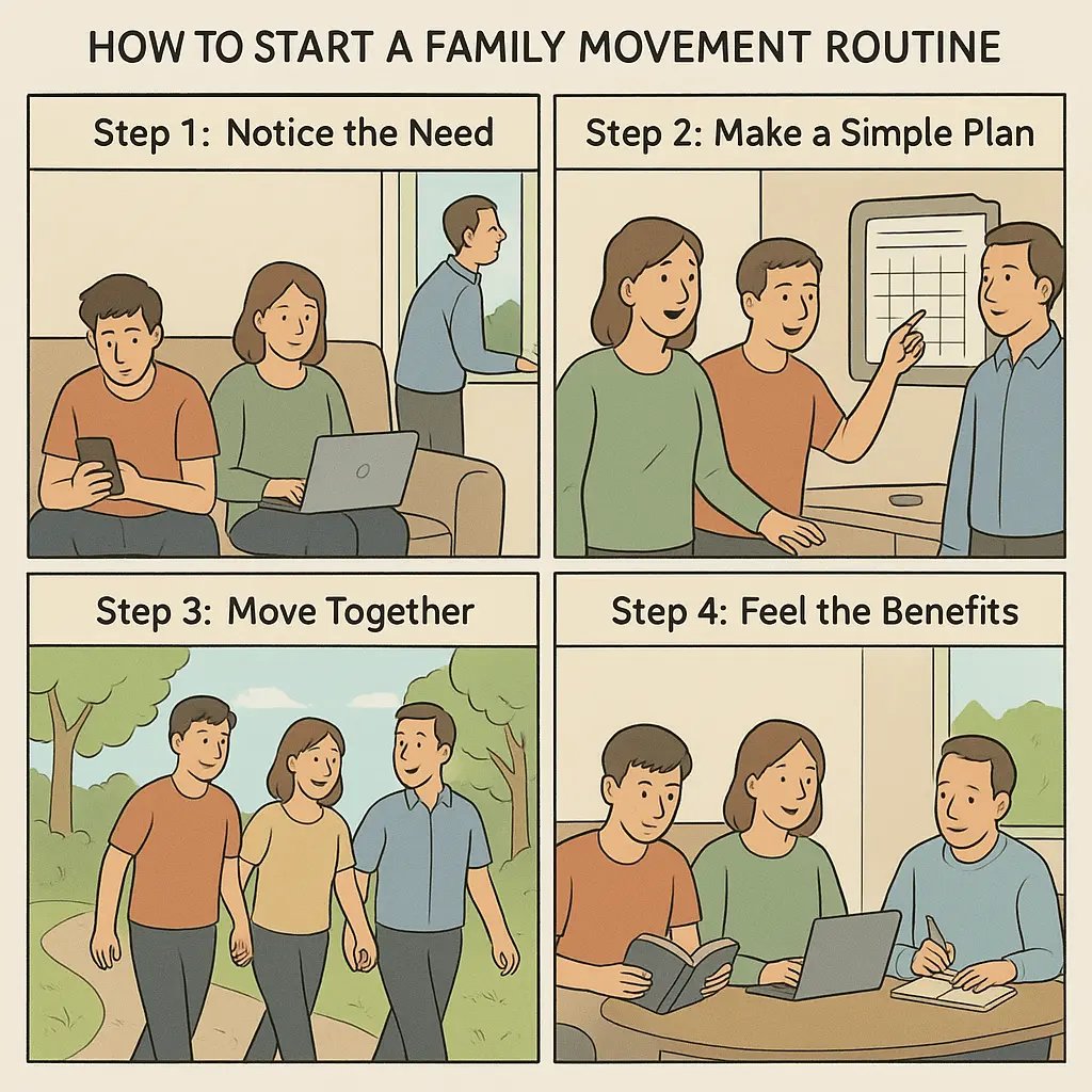 Four-panel comic showing a family's transformation from restless and unfocused to calm and productive through a simple movement routine