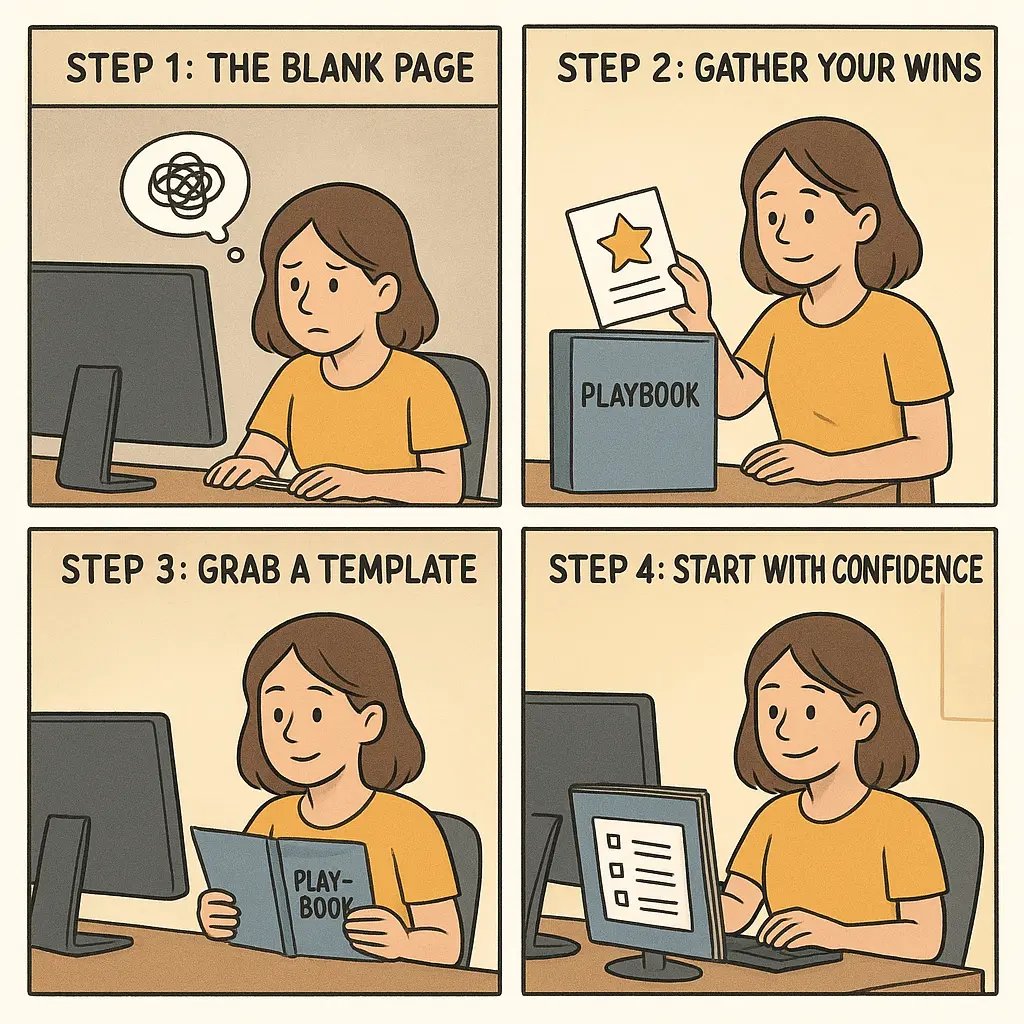 A young woman confidently using her personal playbook binder filled with templates and checklists to start work at her desk.