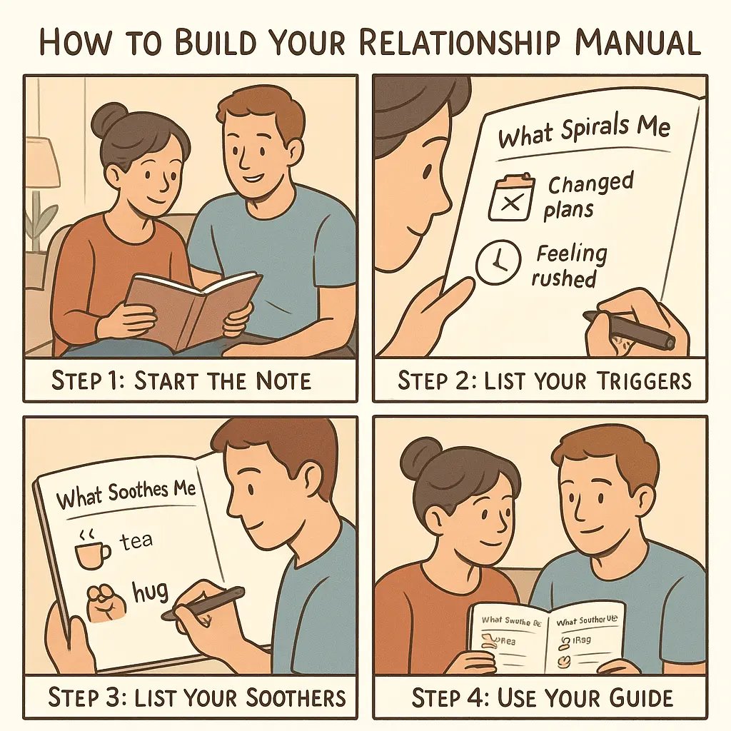 Four-panel comic showing couple creating relationship manual together, listing triggers and soothers with sense of teamwork and connection