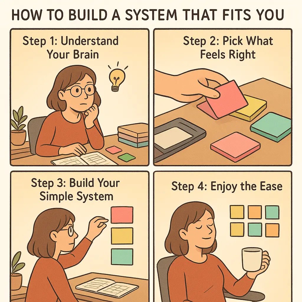 A four-panel comic showing a woman discovering her ideal organisational system using colourful sticky notes instead of complex tools.