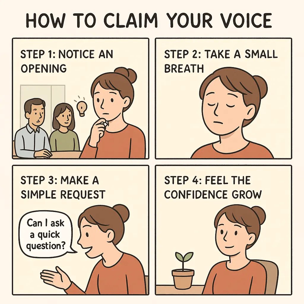 Four-panel comic showing a woman building confidence by noticing an opening, taking a breath, making a request, and feeling accomplished.