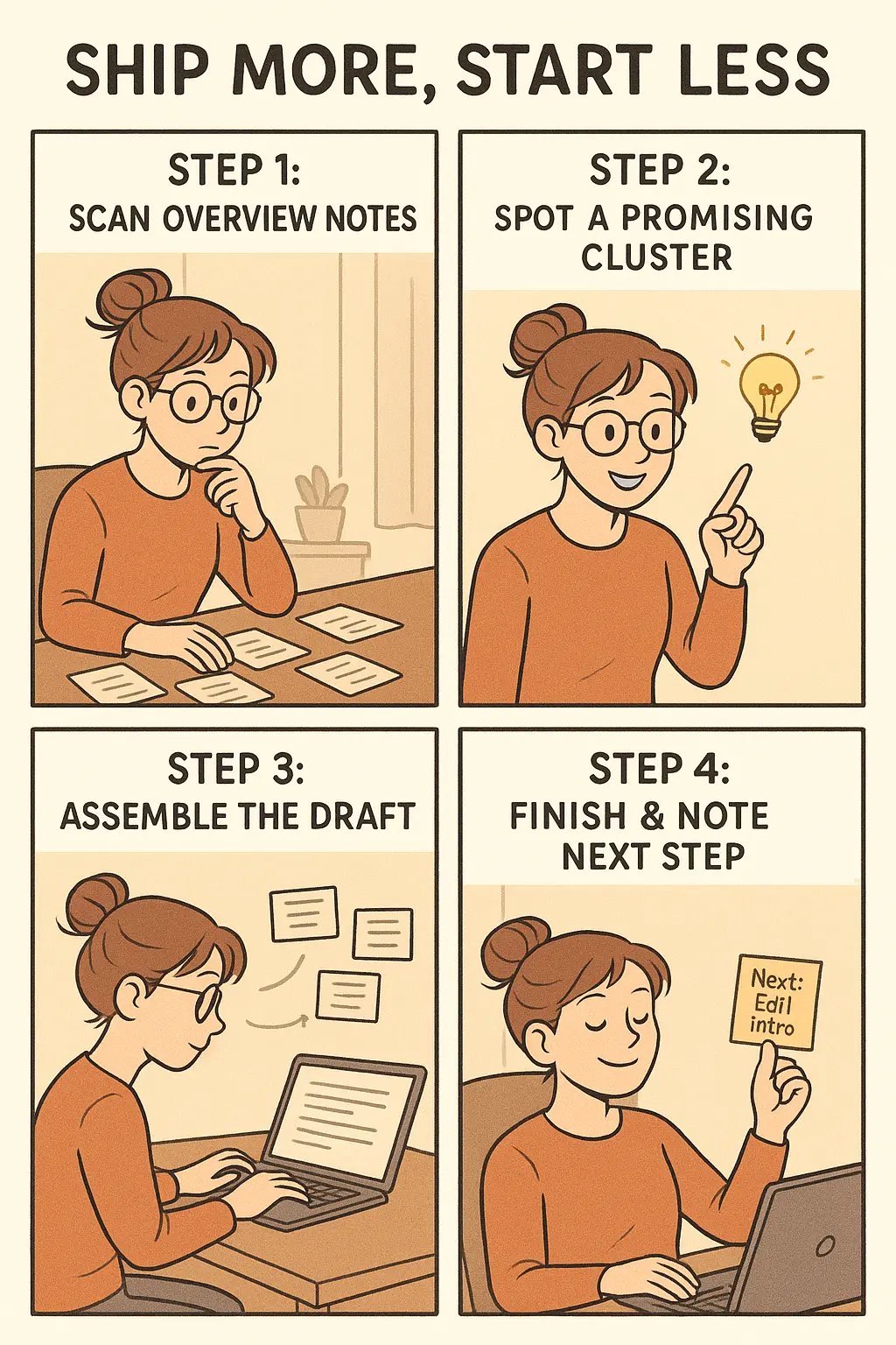 Four-panel comic showing a student scanning notes, spotting connected ideas, assembling a draft, and finishing with satisfaction