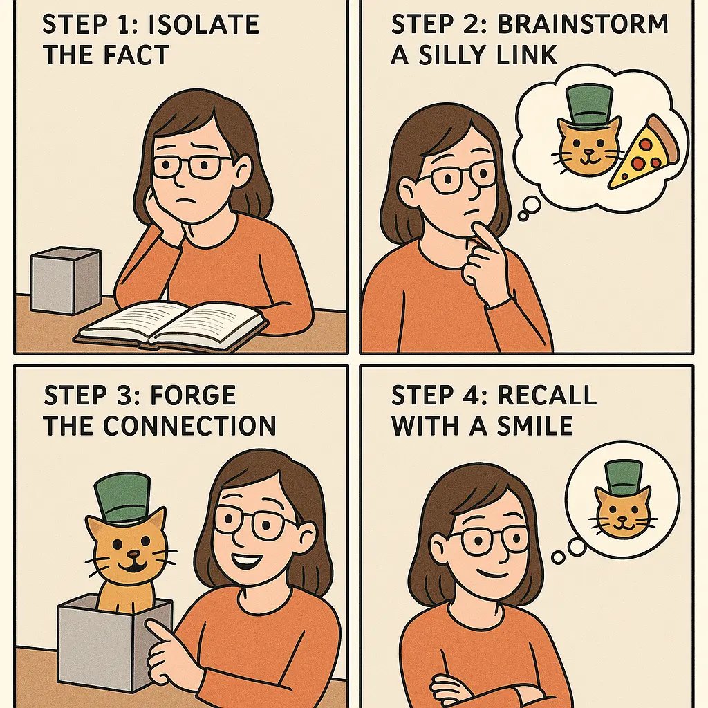 Four-panel comic showing a student creating a funny cat mnemonic to remember facts with ease.