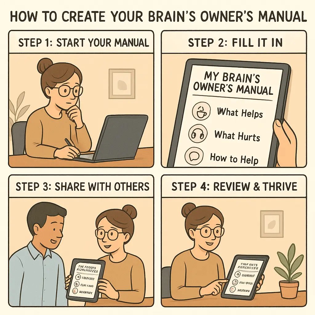 Four-panel comic showing a woman creating her brain's owner's manual, from starting the document to thriving with newfound clarity and confidence.