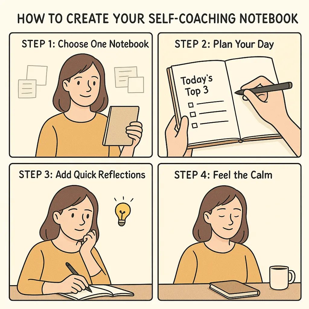 Woman writing in a single notebook with a calm, organised desk setup and a cup of tea nearby