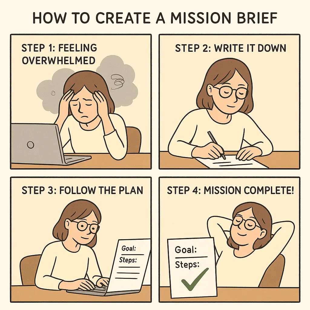 Four-panel comic showing a woman transforming from overwhelmed to accomplished by using a one-page mission brief to guide her work.