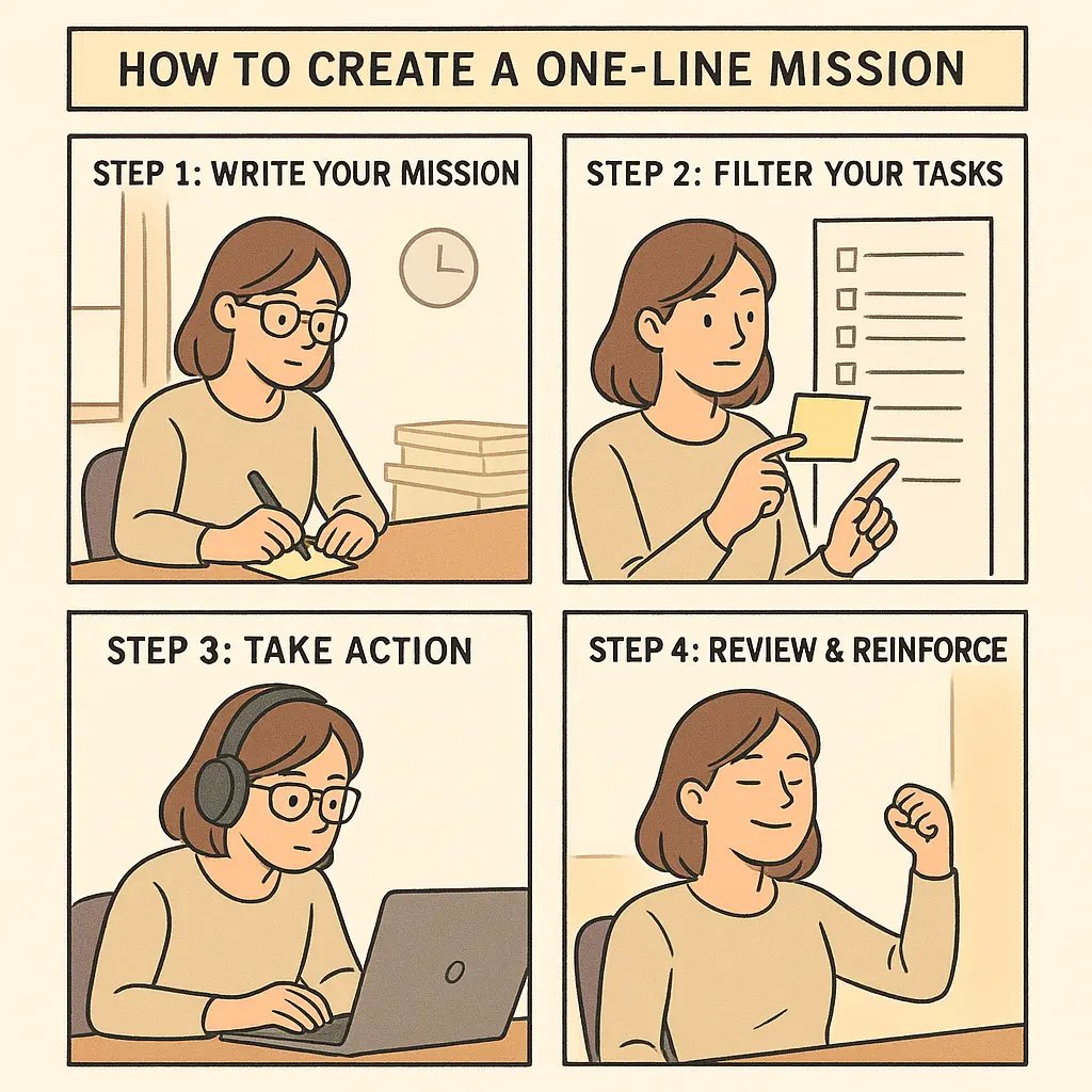 A woman at her desk writes a mission statement, filters tasks, works with focus, and celebrates completion in a four-panel comic strip.