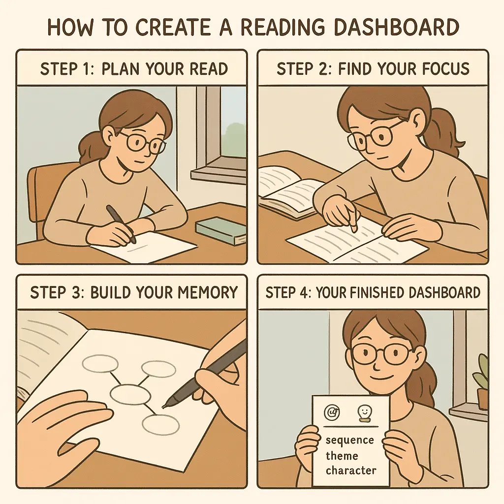 University student creating a reading dashboard at desk, showing planning, focus, and memory-building steps in organised layout