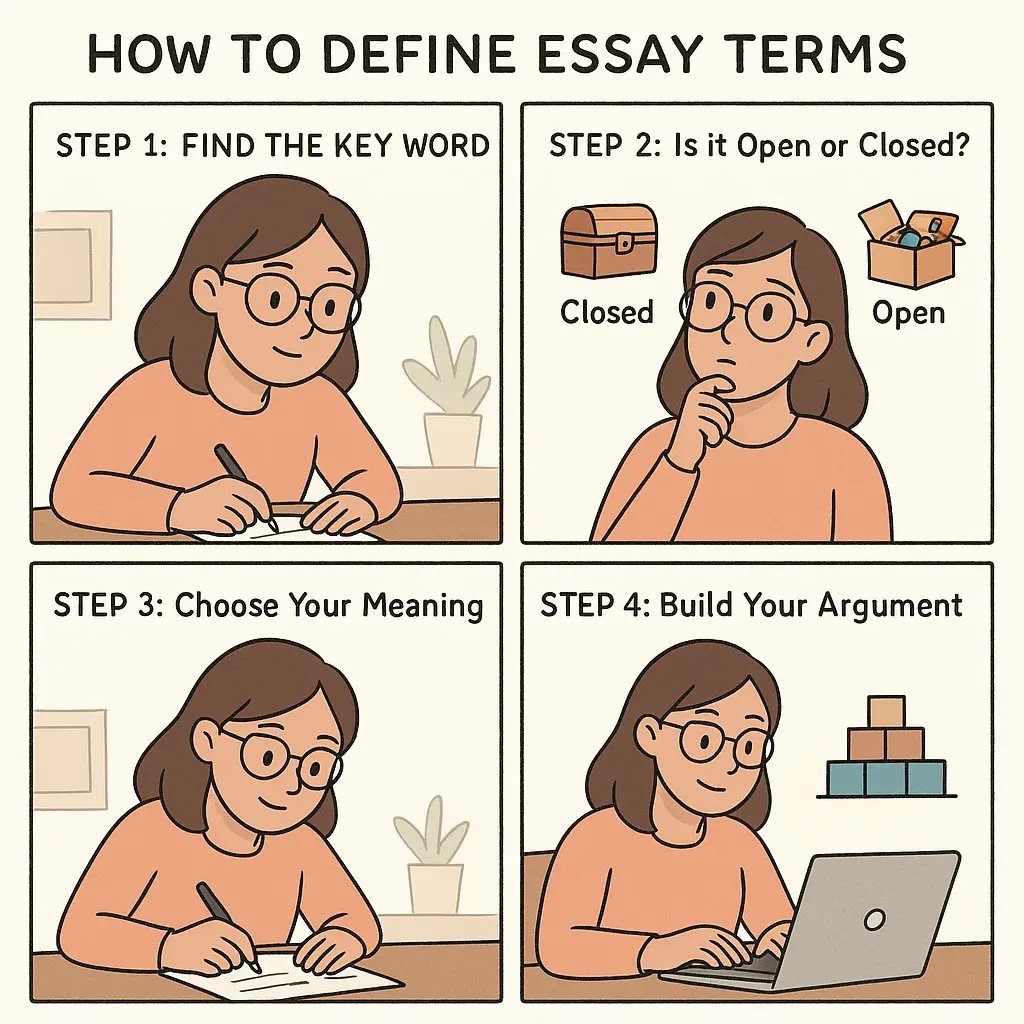 A four-panel comic strip showing a student analysing essay questions by identifying key words and determining if concepts are open or closed.