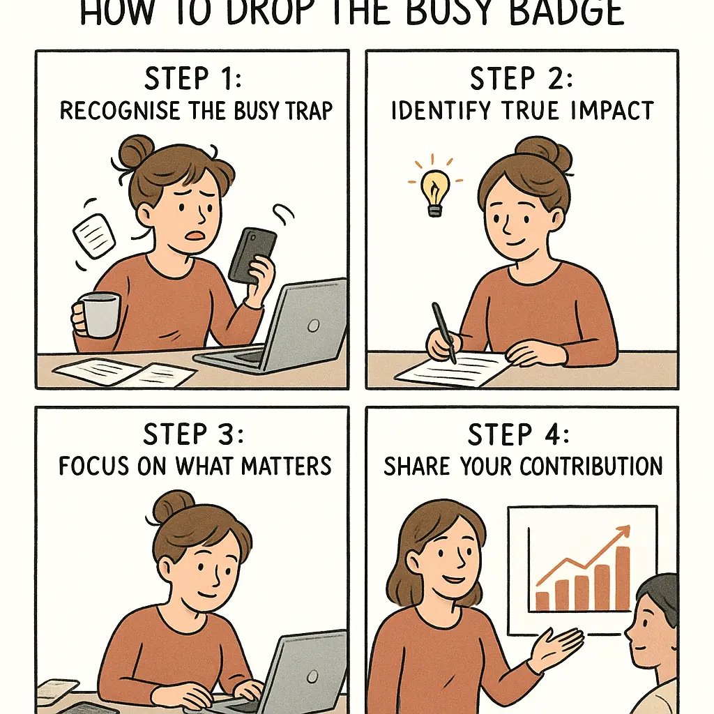 Four-panel comic showing a woman transitioning from chaotic busyness to calm, focused work and confidently sharing her results.