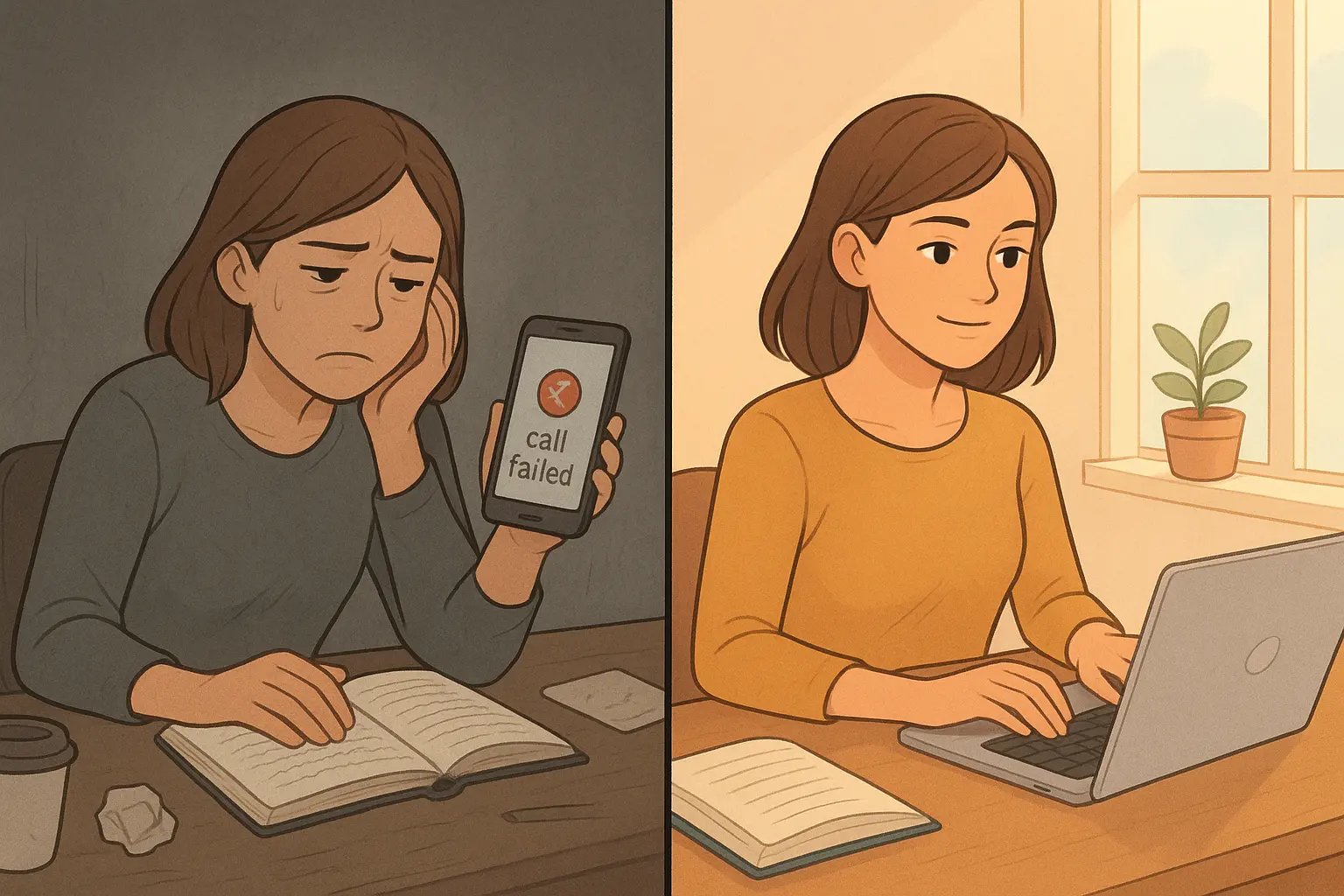 Woman at desk transitioning from frustration with outdated support list to empowerment while sending helpful corrections