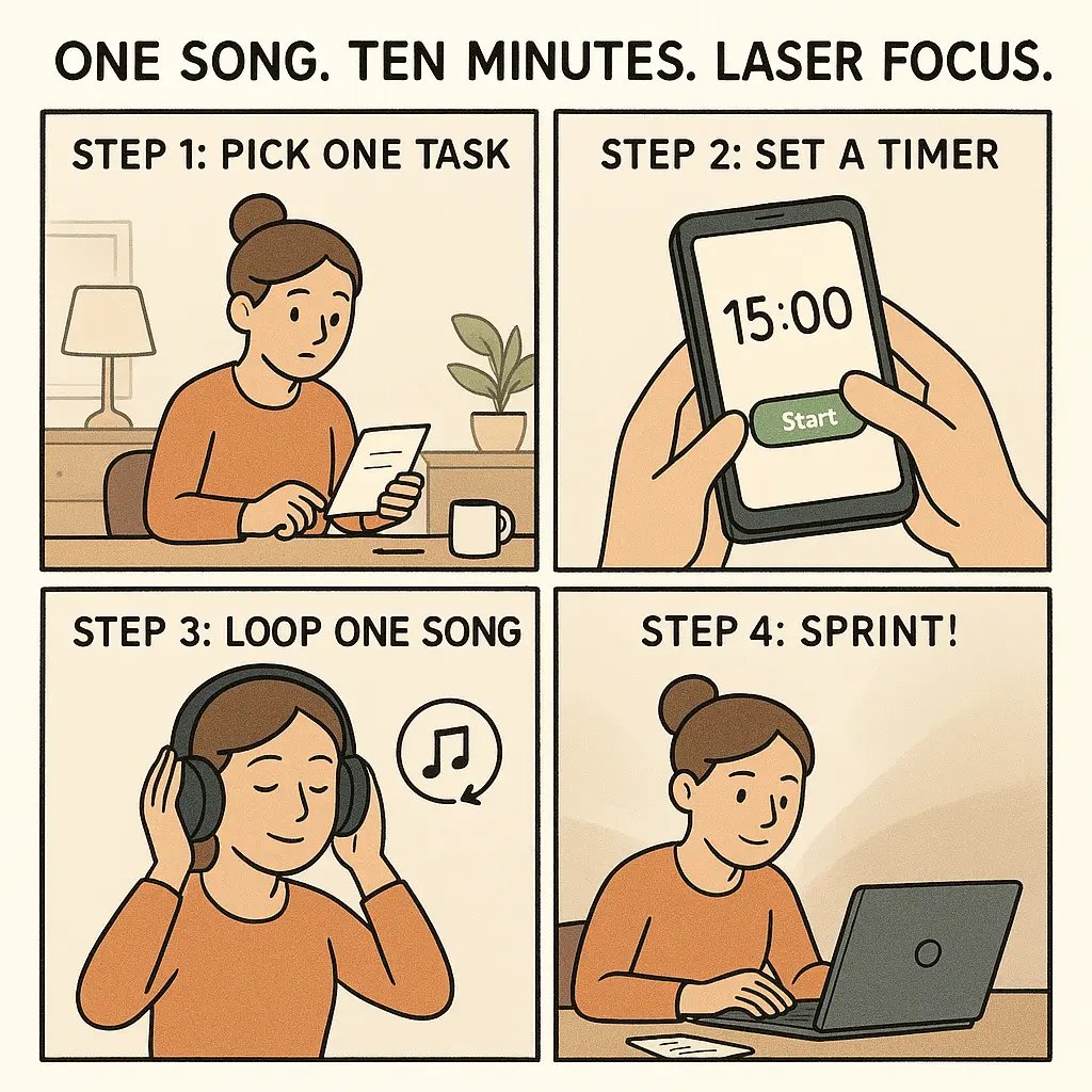 A woman with headphones working at a laptop with focused determination, timer visible, illustrating a timed productivity sprint method.