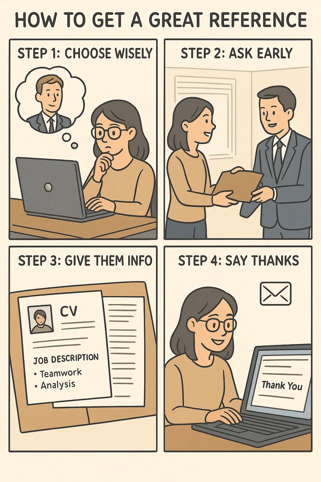 Four-panel comic showing student securing job reference: choosing referee, asking early, providing information brief, and sending thank you email