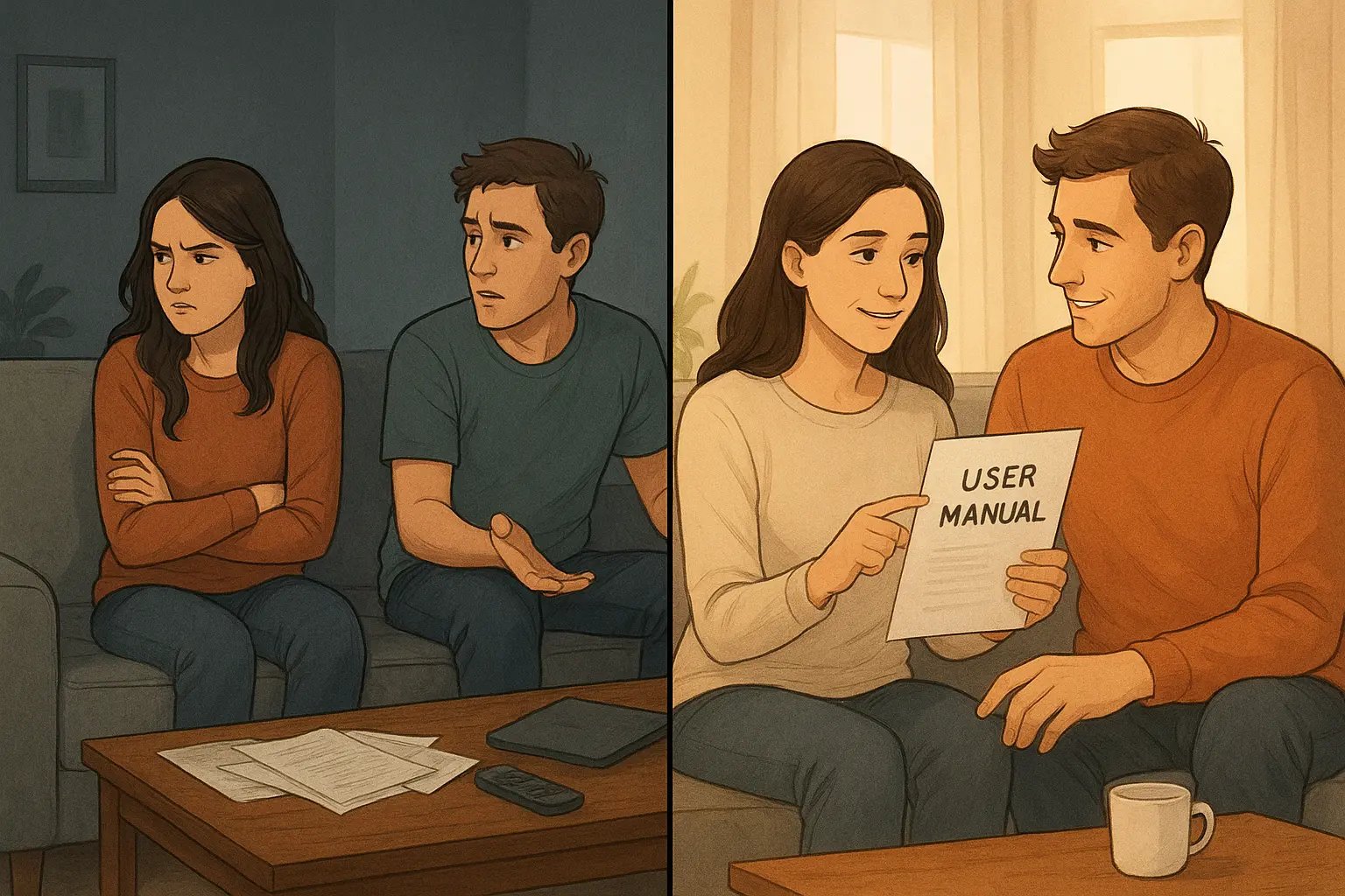 Couple transforms from distant and frustrated to close and understanding using a one-page relationship user manual on their sofa