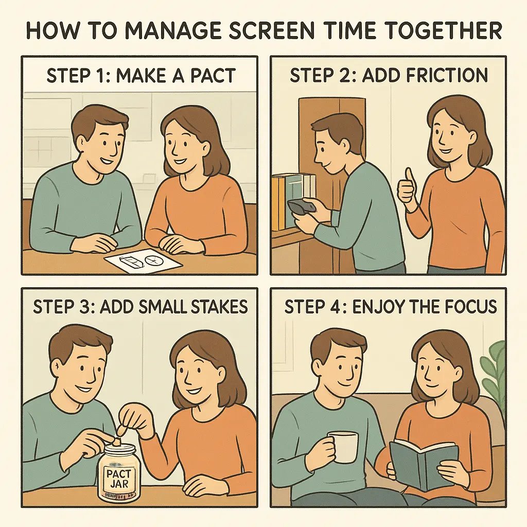A four-panel guide showing two young adults creating a screen time pact, adding friction by charging phones elsewhere, setting stakes, and enjoying screen-free time together.
