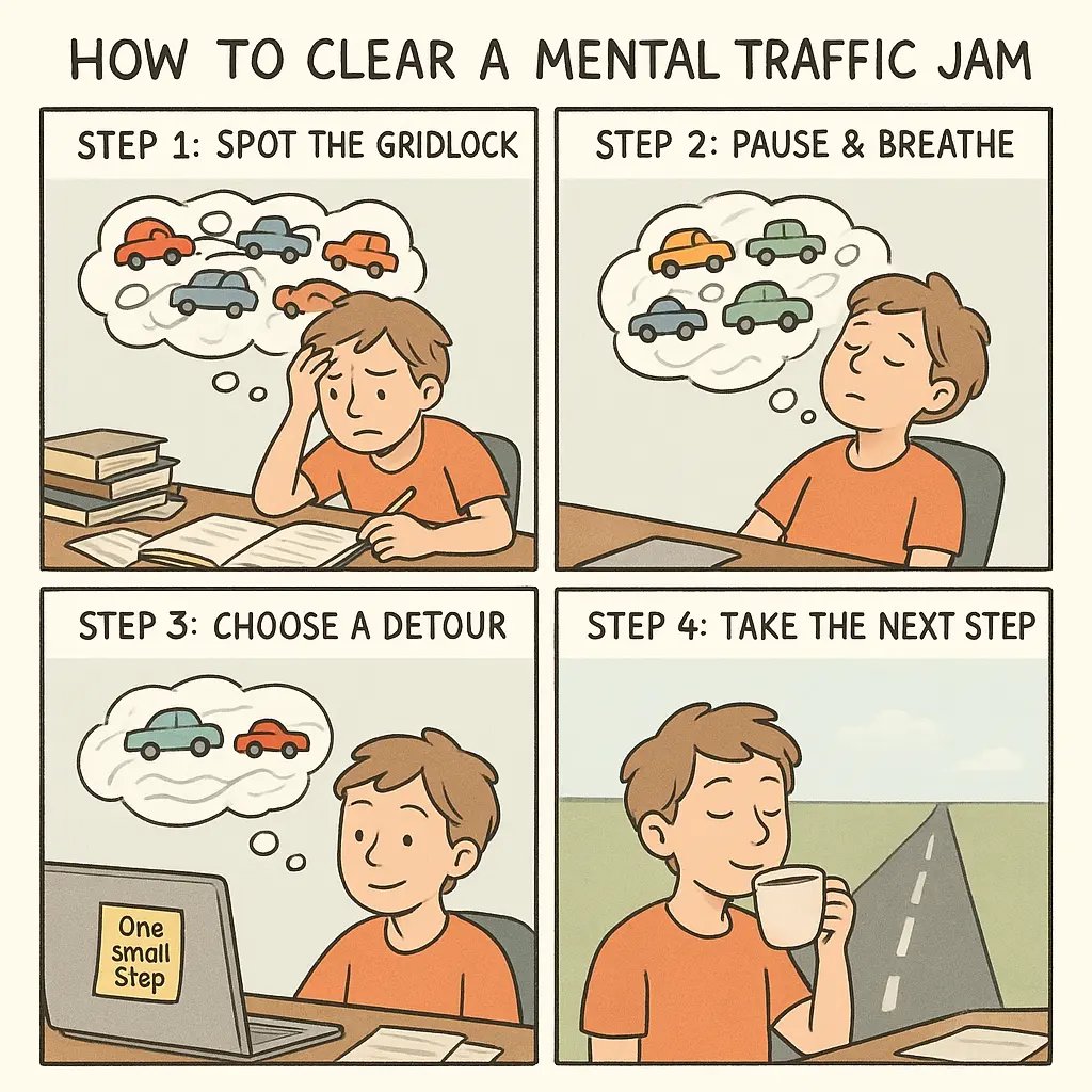 A four-panel comic showing a young adult managing overwhelming thoughts using a mental traffic jam metaphor, from chaos to calm focus.