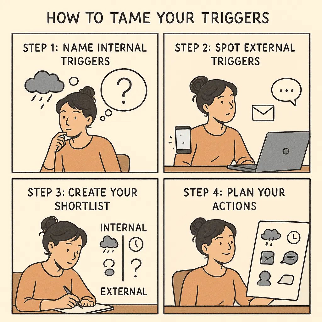 A four-panel comic showing a woman identifying internal feelings, spotting external distractions, creating a trigger shortlist, and planning her responses.