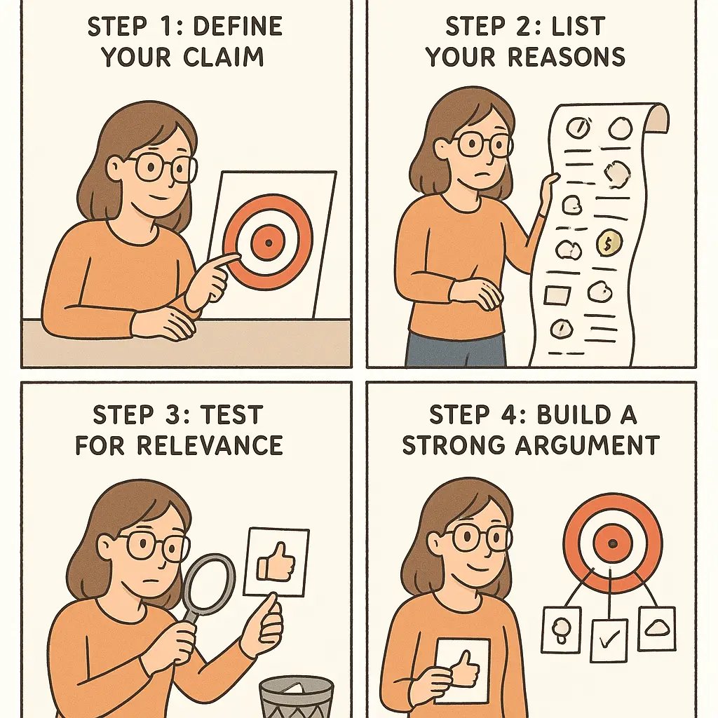 Four-panel comic showing a student filtering argument reasons: defining her claim target, listing reasons, testing relevance, and building a strong argument with relevant points.