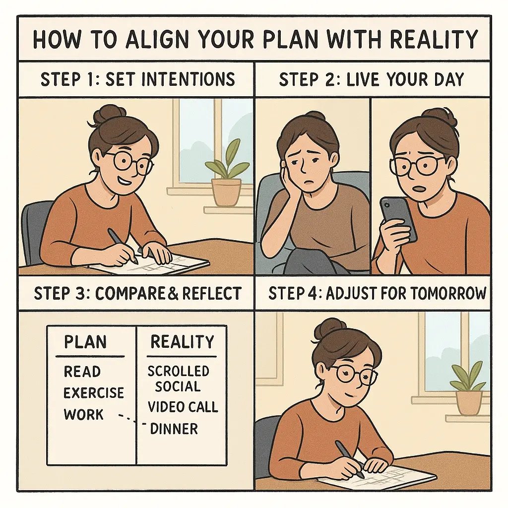 Four-panel comic showing a woman planning her day, comparing plan versus reality, and adjusting her approach for tomorrow