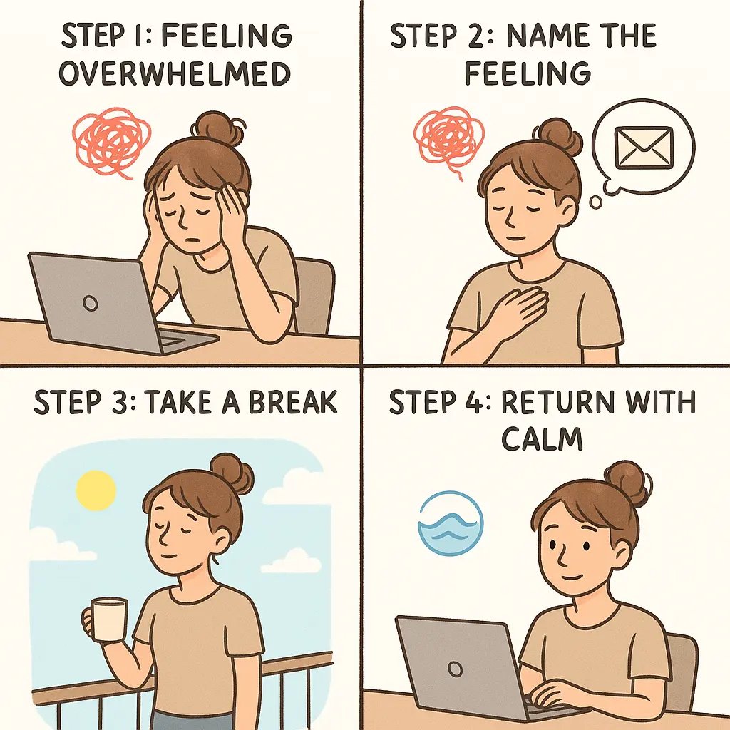 A four-panel comic showing a young woman moving from emotional overwhelm at her desk to calm control after taking a break outside.