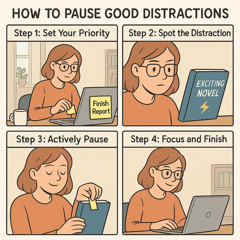 A four-panel comic showing a woman pausing a novel to focus on her priority task, illustrating steps to manage good distractions