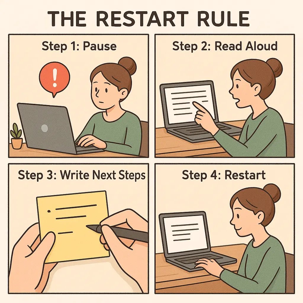 Four-panel comic showing a woman using the Restart Rule to regain focus after an interruption at her desk.