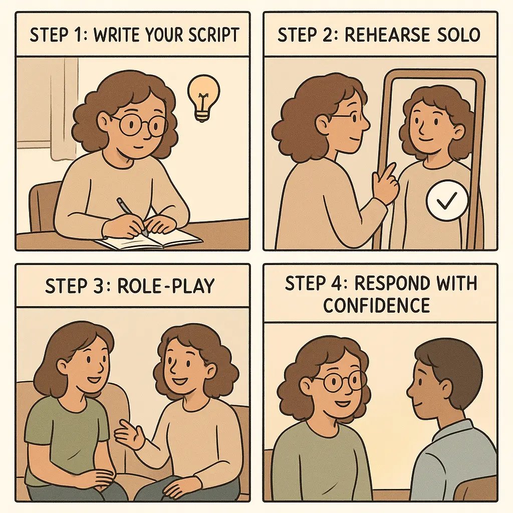 A young woman confidently speaking in a coffee shop after practising her conversation script, showing the final step of the rehearsal method.