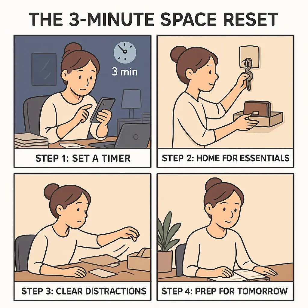 Four-panel comic showing a woman completing a 3-minute evening desk reset routine, from setting a timer to achieving a tidy, organised workspace ready for tomorrow.