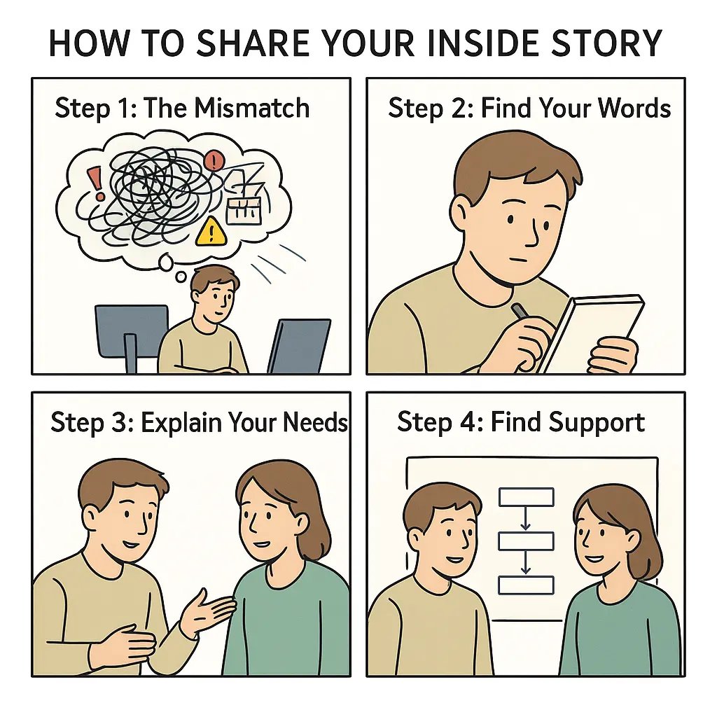 Four-panel comic showing a neurodivergent man explaining his internal experience to a supportive colleague, illustrating the journey from misunderstanding to collaborative support.