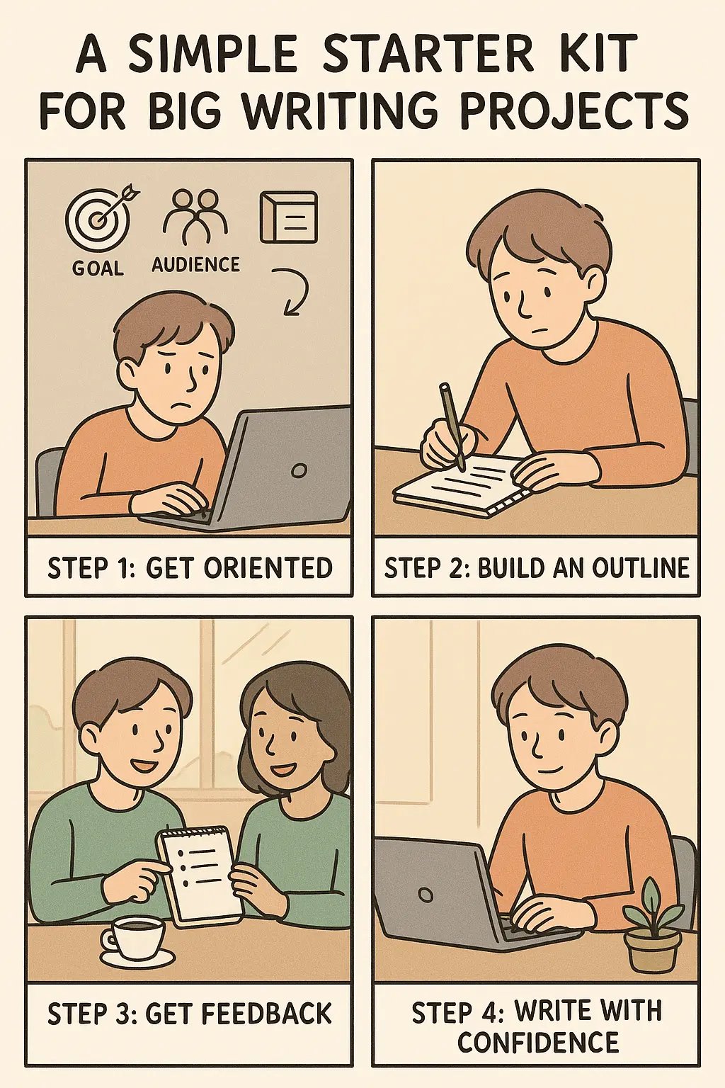A four-panel comic strip showing a person's journey from feeling overwhelmed at a blank laptop to confidently writing after getting oriented, creating an outline, and receiving feedback.