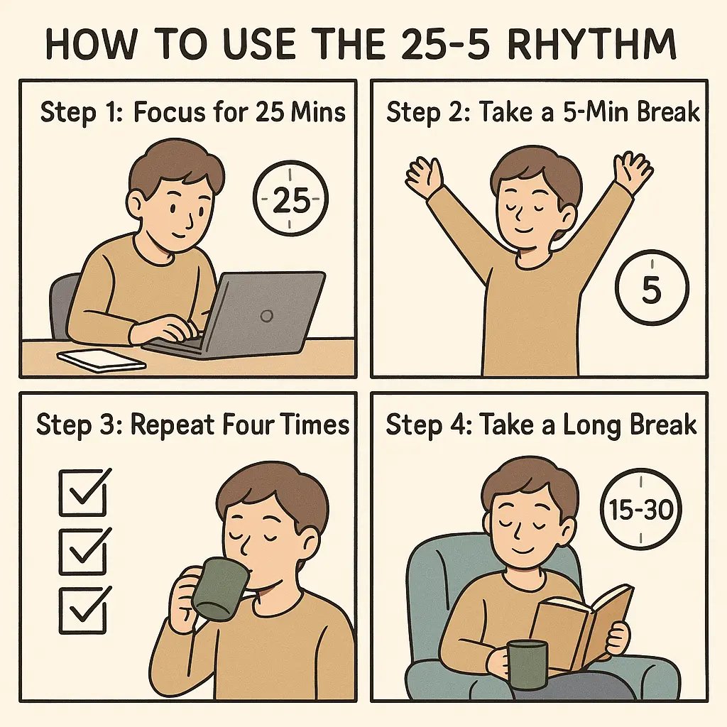 Four-panel comic showing a student using the 25-5 work rhythm: focusing for 25 minutes, taking a 5-minute break, repeating four times, then enjoying a longer rest.