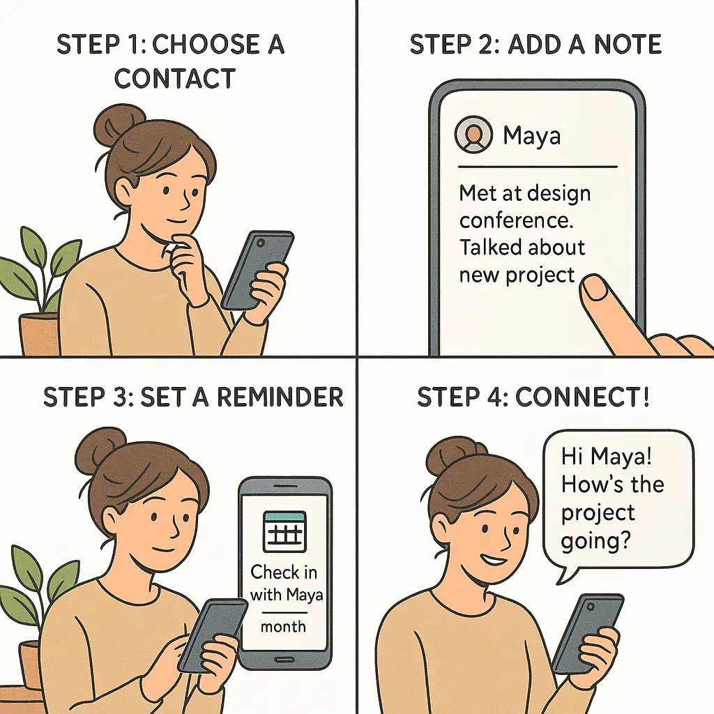 Woman in cosy jumper using phone to set up social connection reminders in bright home office