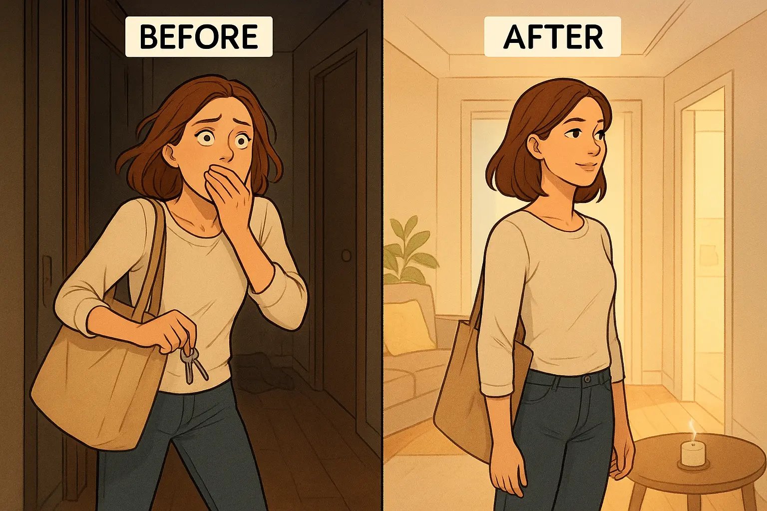 A woman calmly checking an extinguished candle before leaving her home, illustrating a peaceful pre-departure routine.