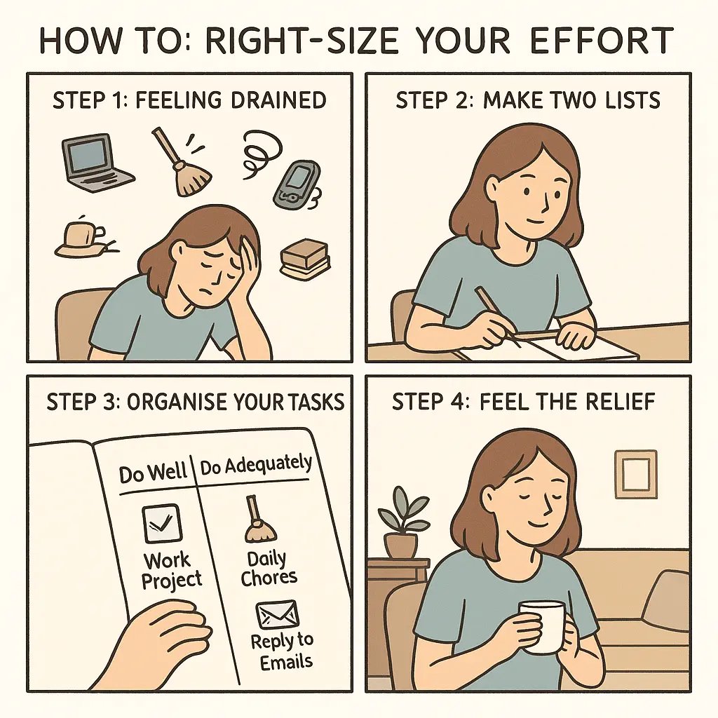Four-panel comic showing a woman overcoming perfectionism by creating 'Do Well' and 'Do Adequately' lists, transforming from stressed to calm and accomplished.