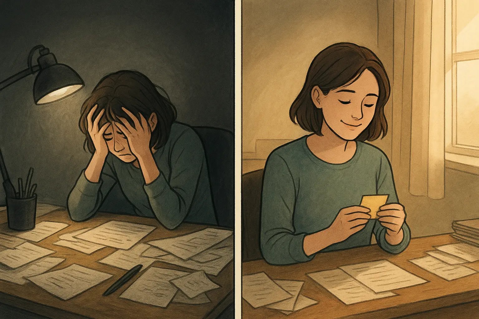 Before and after illustration showing a woman transforming from overwhelmed at a cluttered desk to calm while holding a reminder note