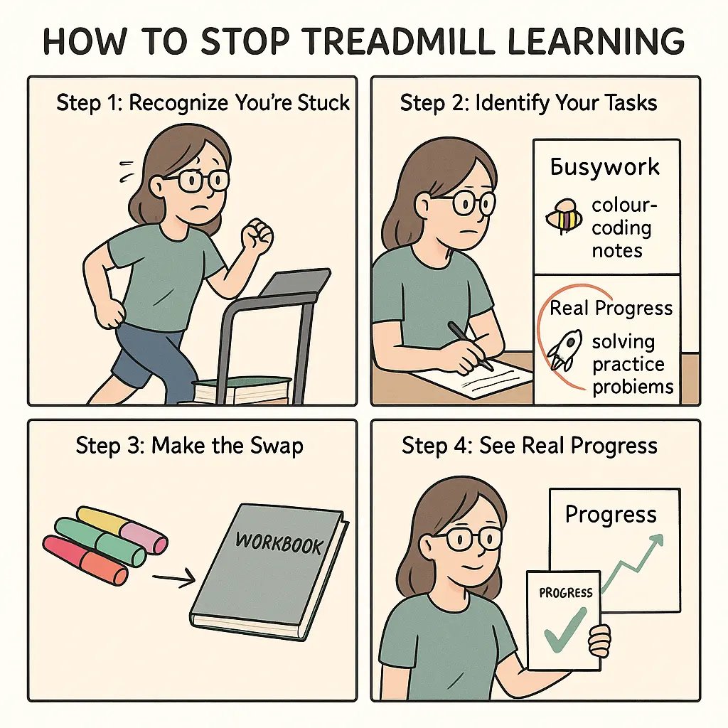Four-panel comic showing a student transforming from frustrated treadmill learning to confident progress with practice tests and upward trending graph